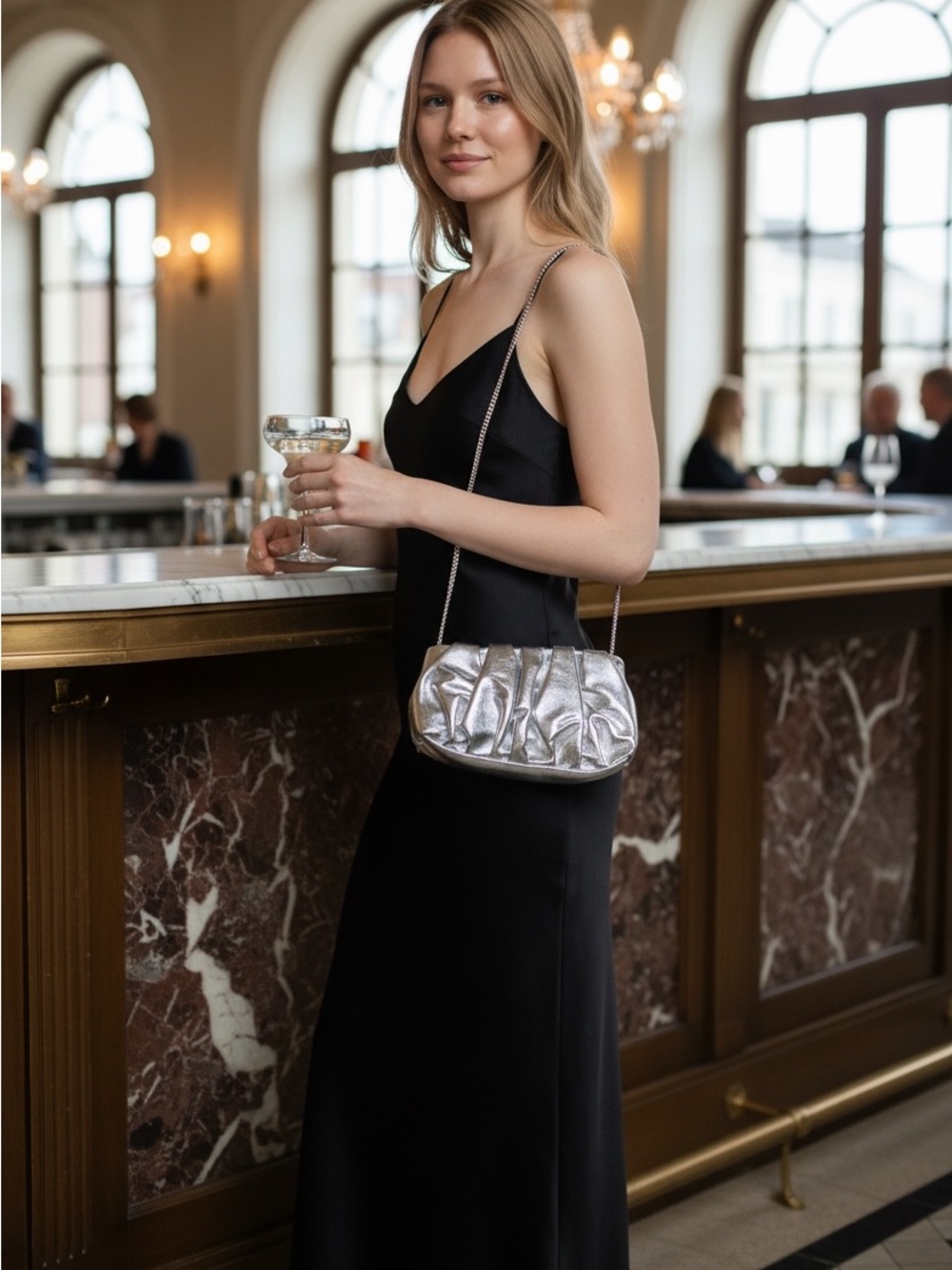 NWT Mango Silver Metallic Ruched Shoulder Bag Y2K